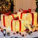 Christmas Decorations Lighted Gift Boxes Set of 3, Foldable 12" 10" 8" Xmas Gift Boxes with LED Lights, Bows, Berries and Pinecones for Indoor Outdoor Christmas Tree, Yard, Party Decorations