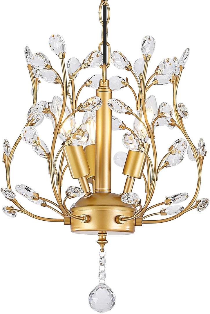 Small Gold Crystal Chandelier, Farmhouse 3-Light Branch Crystal Pendant Light with 47.2'' Adjustable Chain, Vintage 13.8'' Ceiling Hanging Light Fixture for Dining Room, Kitchen, Entryway