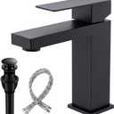 Matte Black Bathroom Faucet, Modern Single Handle Square Bathroom Sink Faucet with Pop Up Drain Assembly, Stainless Steel Vanity Bathroom Faucets, Single Hole Deck Mount,BF011B