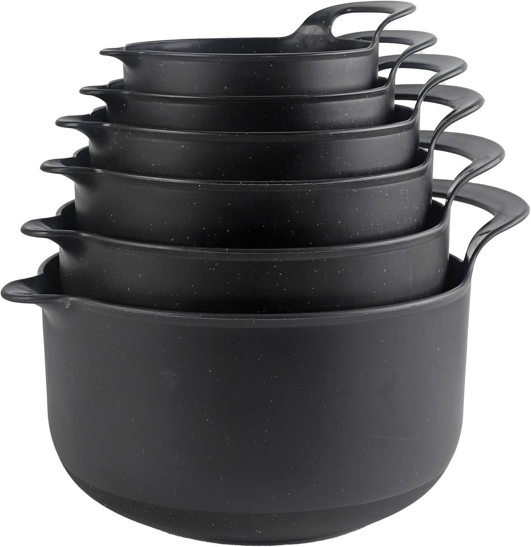 COOK WITH COLOR Nesting Plastic Mixing Bowl Set with Pour Spouts and Handles, Black Speckled, 6 Piece Non-Slip