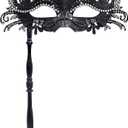 Womens Masquerade Mask with Stick, Handheld Mardi Gras Mask,Venetian Party Mask, Blac