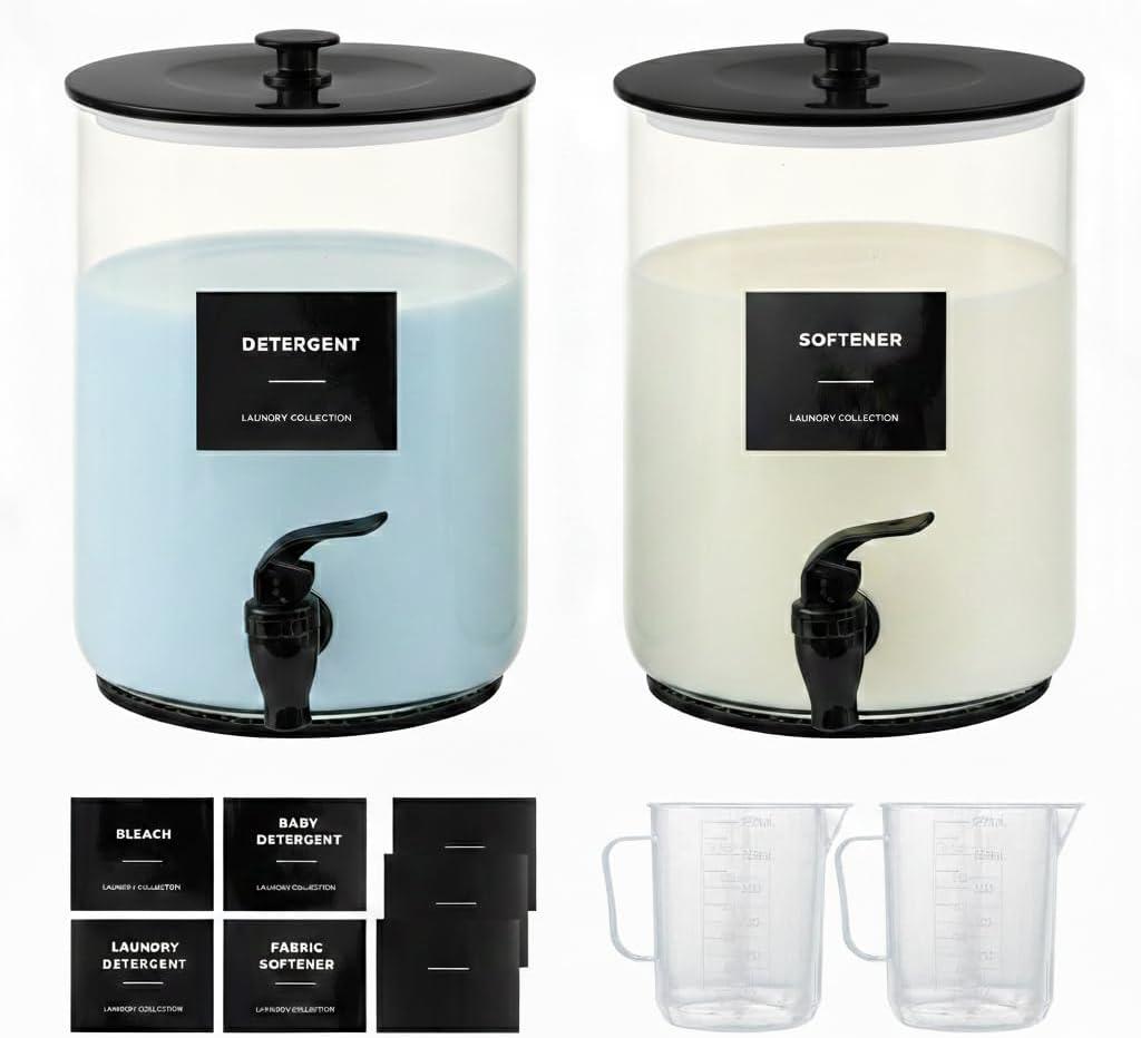 Glass Laundry Detergent Dispenser for Laundry Room Organization, 1 Gallon Large Liquid Soap Dispenser with Black Metal Lid & Leak-Proof Spigot, 2 Measured Cups, 2 Silicone Mats & 9 Labels (2, Black)