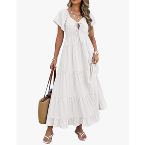 ECOWISH Womens Summer Maxi Dress 2025 Flutter Short Sleeve V Neck Tie Front Wedding Guest Vacation Tiered Flowy Dresses white, XL Size