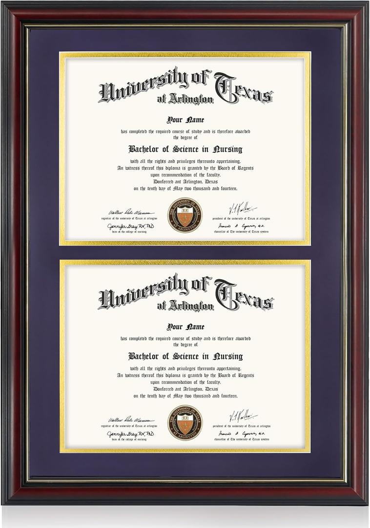 GraduationMall Double 8.5x11 Diploma Frame,Solid Wood & Tempered Glass,Cherry Finish with Gold Trim,Purple & Gold Mat