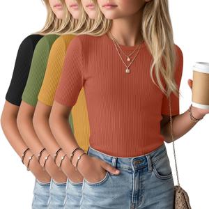 4 Pack Girls Soft Shirts | Short Sleeve, Ribbed, Slim Fit Tops, Crewneck, Cute, Casual, Basic Tee Shirts, Summer, Stretchy, Daily School Wear