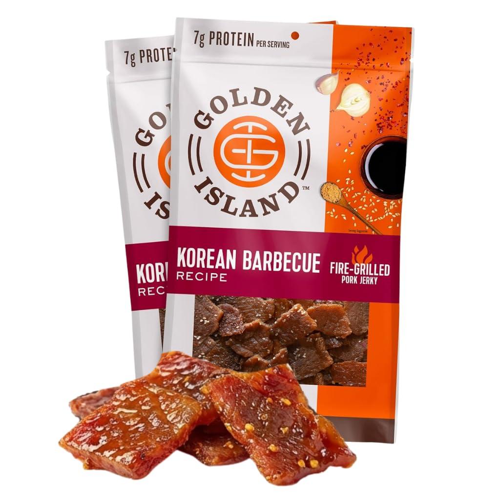 Golden Island Korean BBQ Pork Jerky - (2 Pack) 9 oz Resealable Bag - Fire-Grilled Specialty Meat Snack - Sweet & Savory Protein Snack - 7g Protein per Serving - Made with 100% All-Natural Pork (EXP 01/16/27)