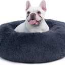 Bedsure Calming Dog Bed for Medium Large Dogs - Donut Washable Large Pet Bed, 33 inches Anti-Slip Round Fluffy Plush Faux Fur Dog Bed, Dark Grey