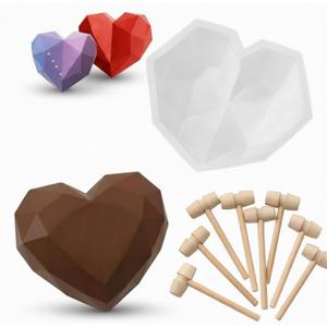Patelai Breakable Heart Mold Set for Chocolate Silicone Mold 7.8 Inch with 8 Pcs Mini Wooden Hammer Heart Shape Cake Mousse Dessert Baking Pan Silicone Love Fondant Molds