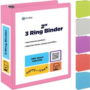 2 Inch 3 Ring Binder 2 Pink, Slant D-Ring 2 in Binder Clear View Cover with 2 Inside Pockets, Heavy Duty Colored School Supplies Office and Home Binders By Enday