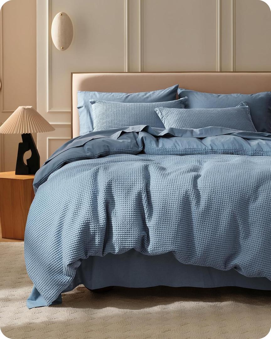 Bedsure Cotton Duvet Cover King - 100% Cotton Waffle Weave Grey Blue Duvet Cover King Size, PureWoven Breathable Bedding Set for All Season, 3 Pieces, 104"x90"