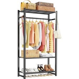 Clothing Rack for Hanging Clothes with 3 Shelves for Luggage Box Storage, Freestanding Mini Garment Rack 30" x 12" x 62",Black