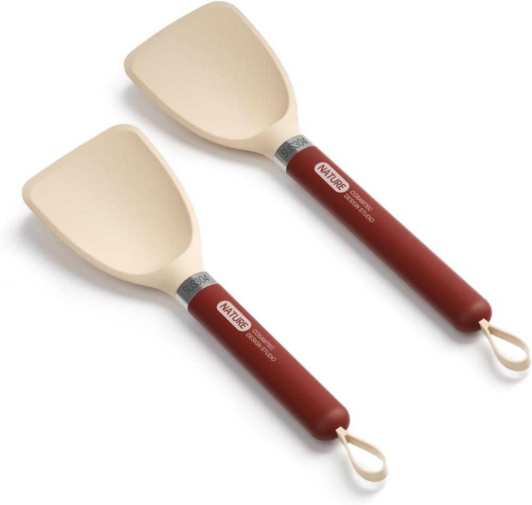 Silicone Small Spatula for Cooking Flexible Turner with Solid Inner Core and Heat Resistant Nylon Handle Ideal Spatula for Non-Stick Cookware (10"&13", Cherry Red)