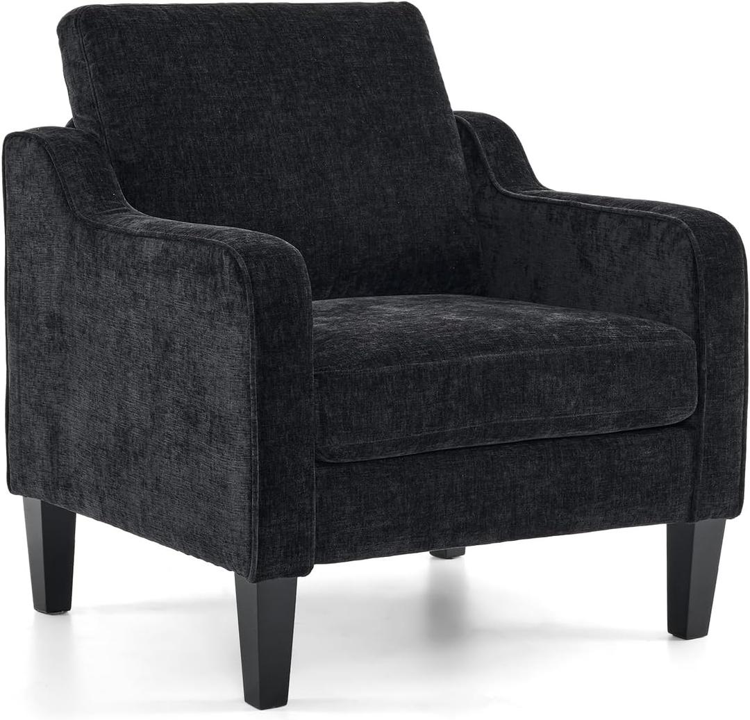 VINGLI Mid Century Modern Accent Chairs, Black Soft Chenille Reading Chair Upholstered Armchair Side Chairs Sofa Couches for Living Room, Bedroom, Apartment, 2.49 ft x 2.56 ft x 2.75 ft
