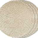 15 Inch Round Woven Placemats Set of 4 - Washable Non-Slip Table Mats for Kitchen, Home & Farmhouse (Blue, 4-Pack) (Cream)