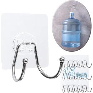 15 Pack Large Double Adhesive Wall Hooks, Damage-Free Waterproof 33 Ib Max Heavy Duty Hanging Clear Seamless Sticky Utility Hooks, Towel Coats Hats Clothes Nail Free Hangers (Twin Round Head)
