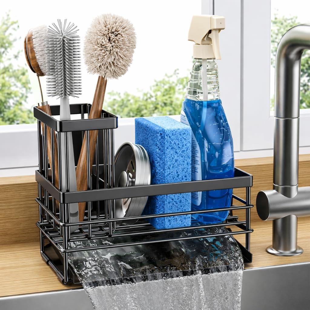 Cisily Sink Caddy Sponge Holder for Kitchen with Brush Holder and Stainless Steel Self Drain Tray, Rustproof Kitchen Sink Organizer for Sponge, Soap Dispenser Storage Accessories (Black), 7x4x6 Inches