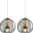 Light Grey Glass Pendant Lights Kitchen Island Gold Hanging Light Fixture Glass Globe Pendant Light Modern Pendant Lighting for Kitchen Island Bedroom Dining Room (7.87", 2 Pack)