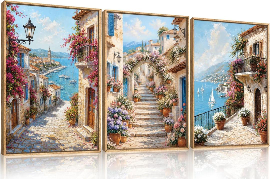 Large Italy Coast Street Framed Canvas Wall Art,Colorful Floal Europe Landscape Wall Decor,Nature Scenery Art Prints,Seascape Mediterranean Artwork for Living Room,Bedroom-16 x24 x3