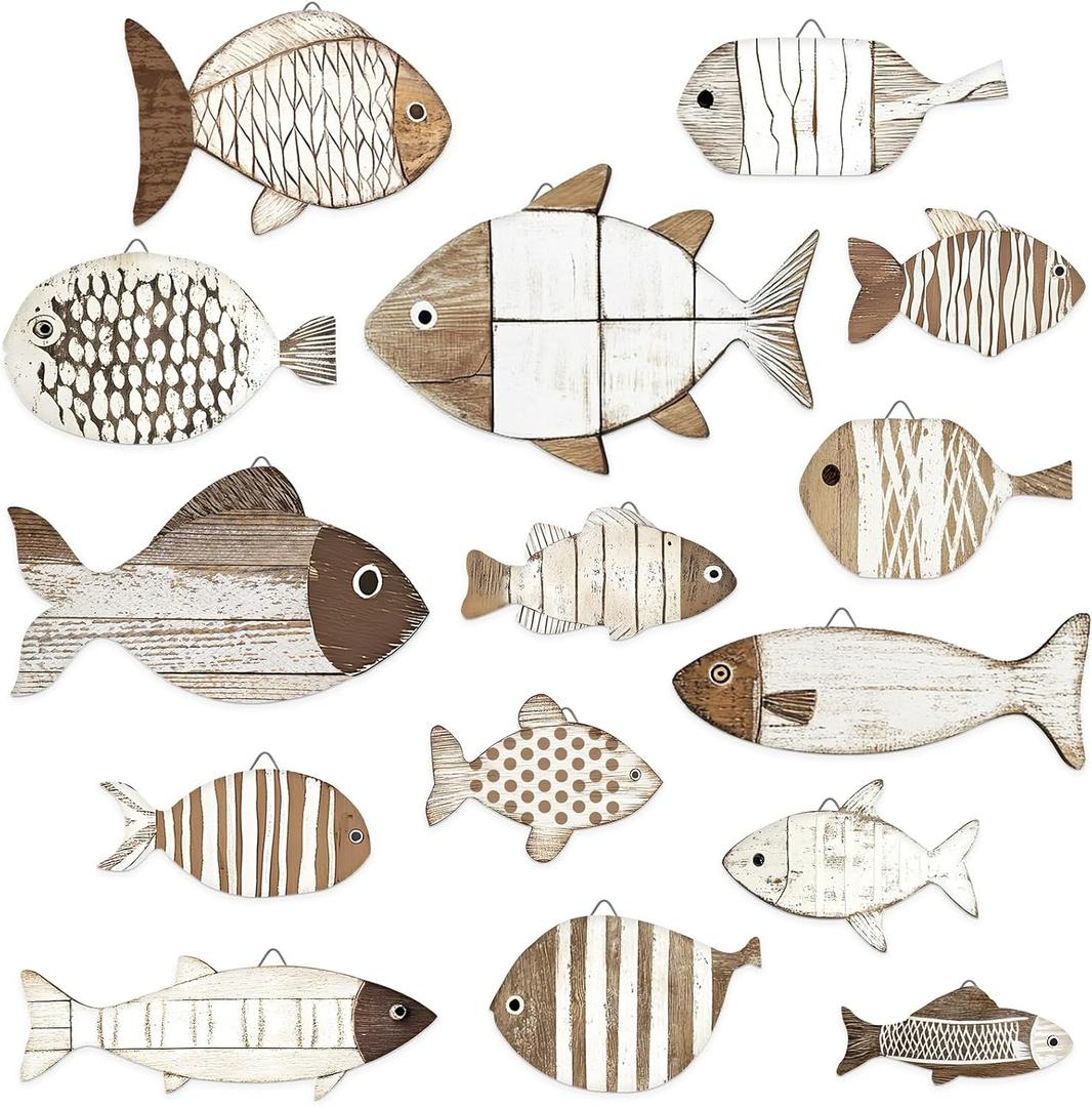 Spiareal 15 Pcs Fish Wall Decor Wooden School of Fish Wall Art Nautical Decor Vintage Hanging Coastal Fishing Sculpture Ocean Theme Ornaments Gifts for Lake House Bathroom Bedroom(Rustic)