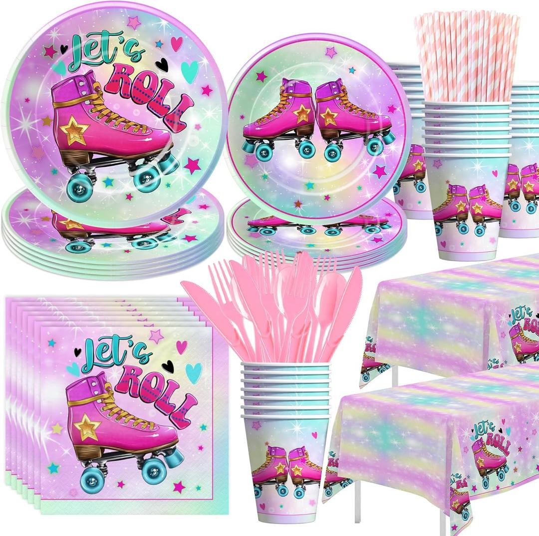 APOWBLS Roller Skating Party Supplies For Girl - Roller Skate Party Decorations Tableware, Paper Plates, Cups, Napkins, Tablecloth, Cutlery, Let's Roll Roller Skate Birthday Party Supplies | Serve 24