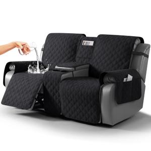 TAOCOCO 100% Waterproof Loveseat Recliner Covers with Console, Black | Reversible Reclining Loveseat Cover for 2 Seat with Leg Straps, Washable Couch Protector with Storage Pocket for Kids & Pets, 22"D x 70"W x 40"H