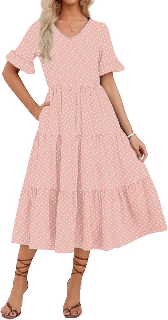Zeagoo Women's Summer Dresses Midi Tiered Casual Dress Floral V Neck Ruffle Short Sleeve Flowy Beach Dress with Pockets (Medium, Pink Round Dot)