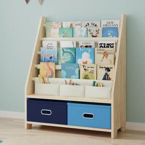 EXPERLAM 4 Tier Kids Book Shelf, Wooden Kids Book Rack Storage Bookshelf with Toy Storage Organizer, Toddler Sling Bookshelf for Boys, Girls, Kids Room, Blue