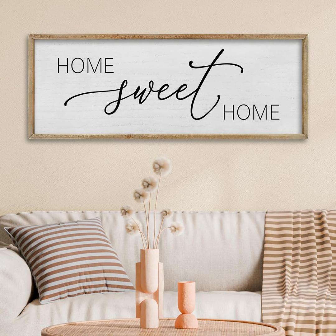 FZMHASLWW Living Room Wall Decor Home Sweet Home Sign 32"×12" Farmhouse Family Horizontal Plaque for Entryway Large Rustic House Modern Minimalist Wood Framed Wall Hanging Art (Wood)