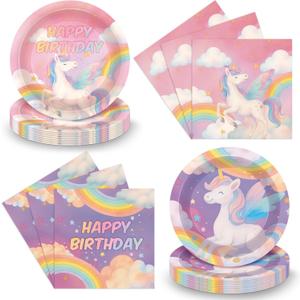 Unicorn Party Supplies for Girls Birthday  48PCS Pastel Paper Plates and Napkins, Rainbow Theme Tableware for Kids Dinner Dessert Baby Shower Decorations
