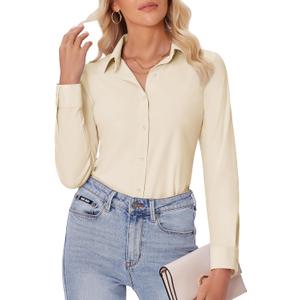 siliteelon Button Down Shirts for Women Slim fit Long Sleeve Stretch Dress Shirts Work Shirt Wrinkle Free Office Blouses (Small, Beige)