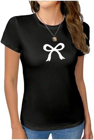 RoseSeek Women's Bow Graphic Tee Shirts Short Sleeve Crewneck Cute Going Out Tops size M