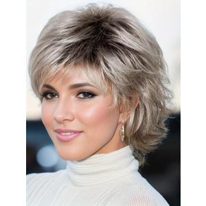 TISHINING Pixie Cut Short Ombre Gray Curly Wigs for White Women Fluffy Layered Mixed Grey Wig with Bangs Natural Looking Synthetic Daily Party Wig