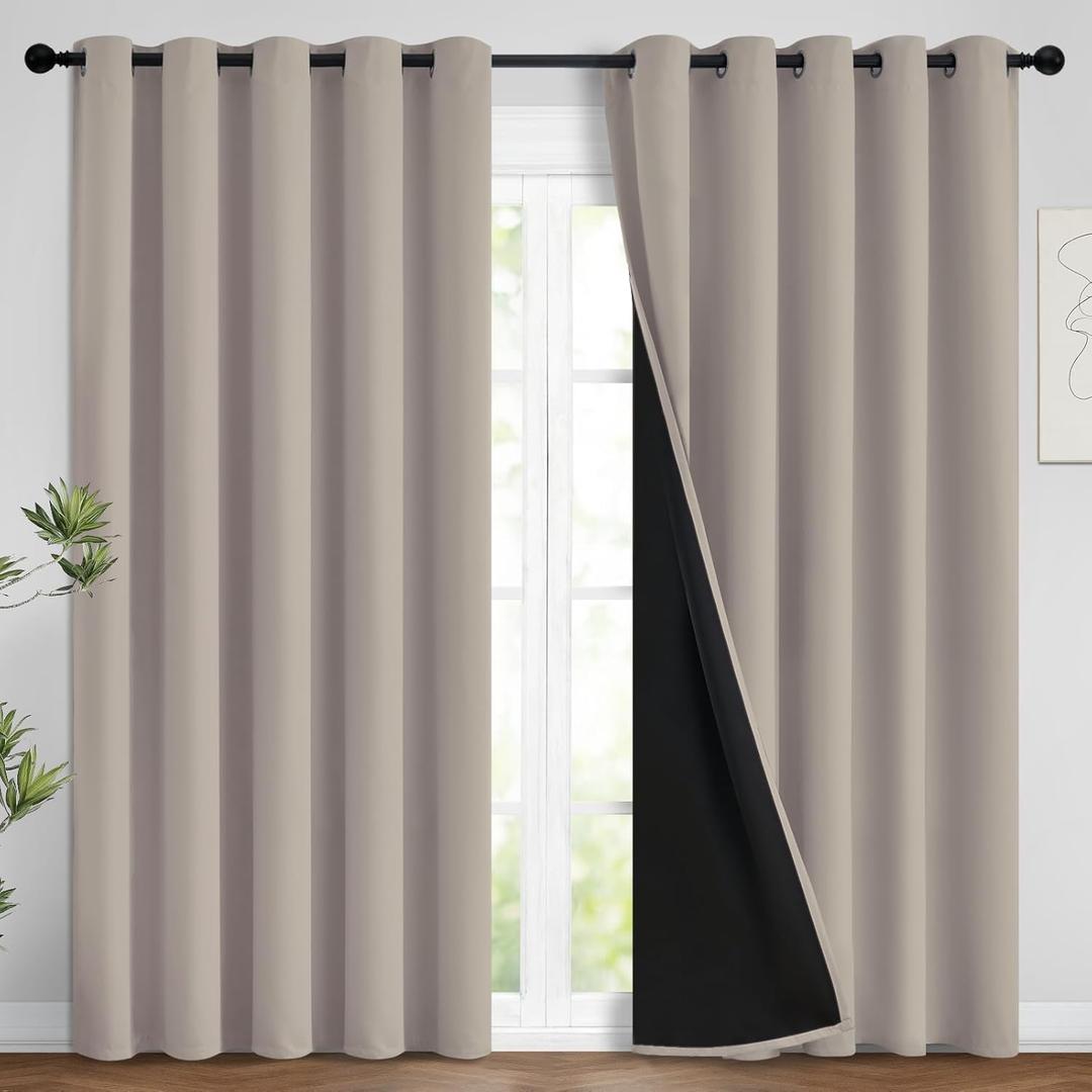 Yakamok 100% Blackout Curtains 96 Inches Long, 2 Thick Layers Heat and Full Light Blocking Soft Thermal Insulated Drapes for Bedroom(62" Wide Each Panel, Natural, 2 Panels)