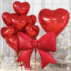 32 Inch Red Heart Balloons, Large Bow Foil Balloons, 10Pcs 38" Giant Matt Red Bow-knot Balloon with 18" Metallic Heart Shape Helium Balloon Set for Birthday Wedding Bachelorette Anniversary Valentine