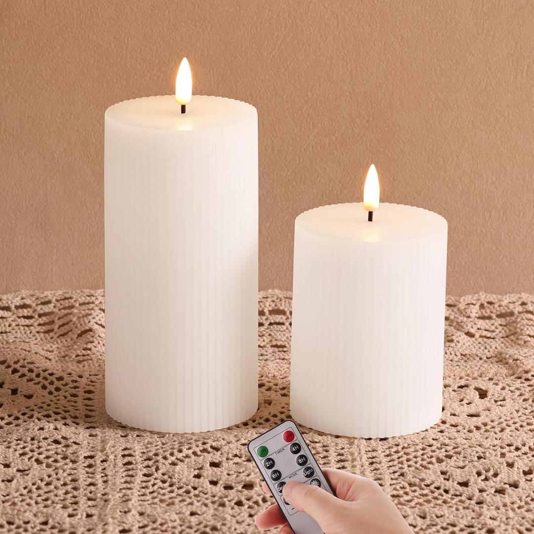 White Ribbed Flameless Pillar Candles with Remote, Flickering LED Wax Candles Battery Operated Set of 2