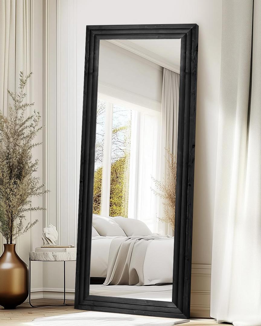 Full Length Mirror 65"x24" Solid Wood Frame Floor Large Mirror for Living Room, Bedroom Hanging or Leaning Wall-Mounted, Black