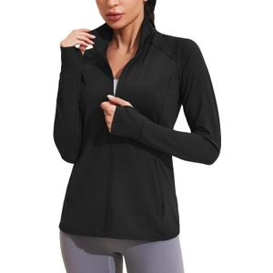 COOrun Women's UPF 50+ Jackets Sun Protection Golf Athletic Jackets Lightweight Full Zip Long Sleeve Shirts with Pockets (Medium, Black)