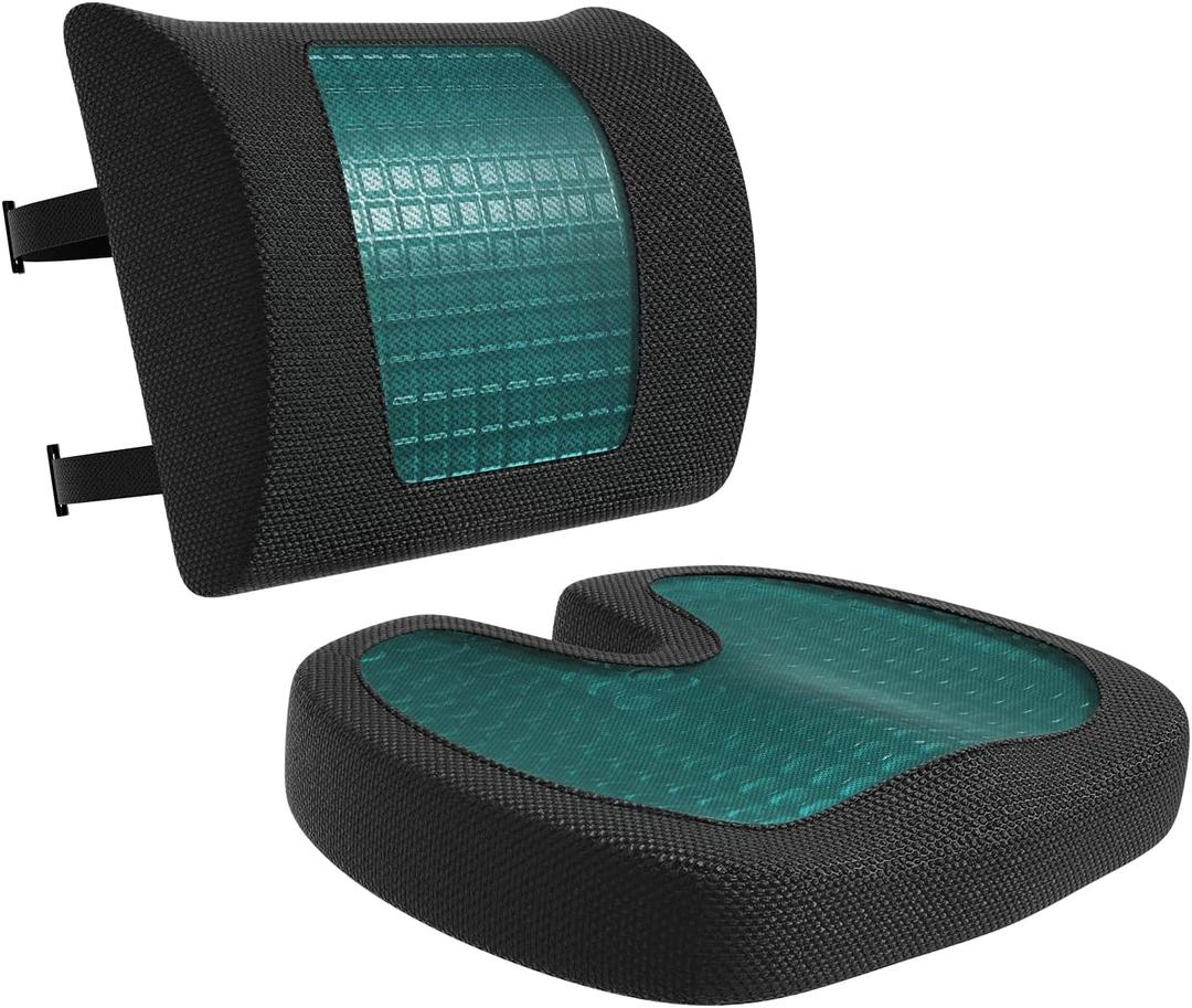 Amazon Basics Comfortable Seat Cushion & Lumbar Support for Office Chairs, Gel Enhanced Memory Foam, Non-Slip, Cooling, Portable, Pack of 2, Rectangular, Black