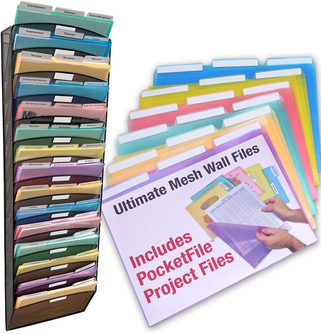 Ultimate Office Mesh Wall File Organizer, 15 Tier Vertical Mount Hanging File Sorter. Multipurpose Display Rack Includes 18, 3rd Cut PocketFile Clear Document Folder Project Pockets (Black)