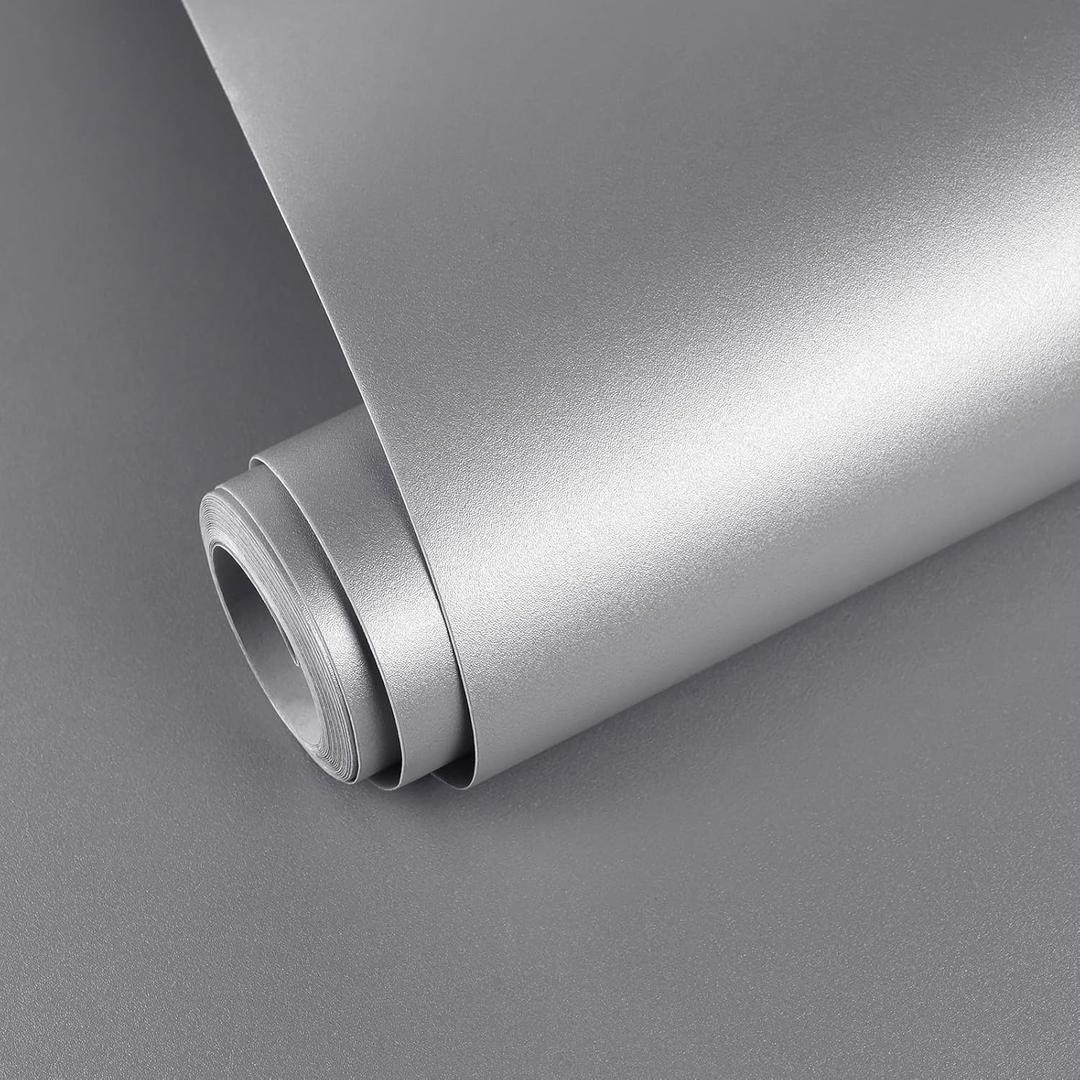 Yun-aeon Thick Metallic Silver Peel and Stick Wallpaper 15.7"x 196.8" Matte Fridge Contact Paper for Countertops Vinyl Self Adhesive Removable Modern Wall Paper for Kitchen