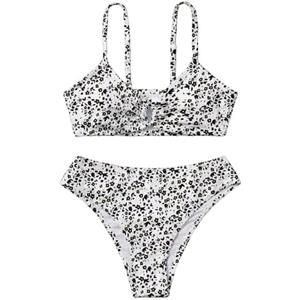 COZYEASE Girls' 2 Piece Ditsy Floral Print Knot Front Ruched Triangle Bikini Swimsuit 9Y, Black