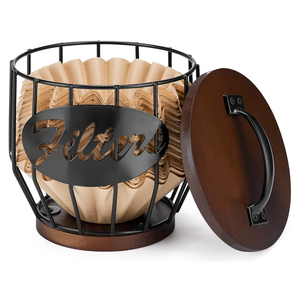 Yangbaga Coffee Filter Holder with Wood Lid,Wood and Metal Coffee Filter Storage Container Basket for Coffee Filters 24 Cup,Round Coffee Filter Holder Case for Counter,Coffee Bar Accessories decor