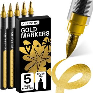 ARTISTRO 5 Gold Paint Pen for Rock, Glass, Ceramic, Wood, Tire, Fabric, Metal, Canvas, Marking, Painting - Set of 5 Acrylic Paint Markers Water-based - Brush Tip with Automatic Ink Control System