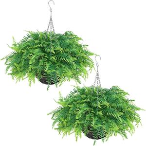 Artificial Ferns Plants with Hanging Basket-2 Set for Outdoor Decoration,Fake Boston Fern Hanging Planters Faux Greenery UV Resistant for Front Porch Patio Garden Farmhouse Home Decor (Green)