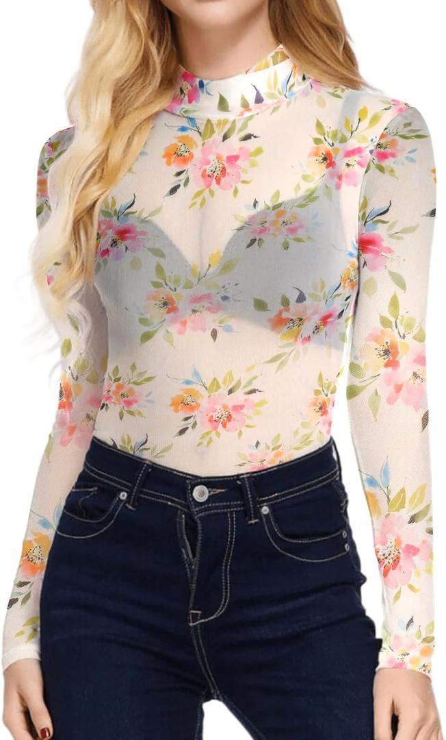 Floral Lace Mesh Top Women Long Sleeve Sheer Tops Mock Neck See Through Tee Shirts Fitted Sexy Going Out Outfits (L)
