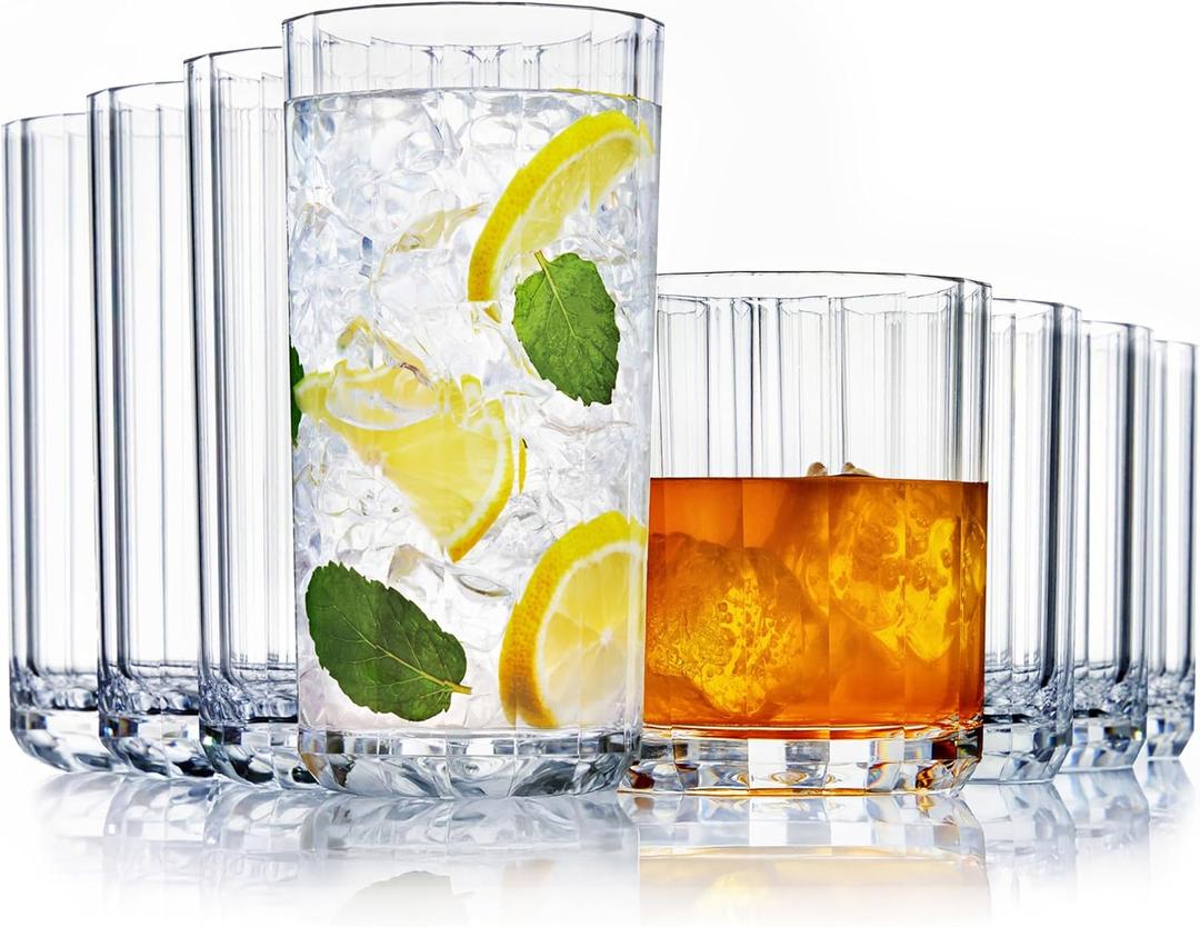 US Acrylic Faceted Clear Plastic Reusable Drinking Glasses Set of 8, 14oz Rocks and 18oz Water Tumblers, BPA-Free, Made in USA, Top-Rack Dishwasher Safe