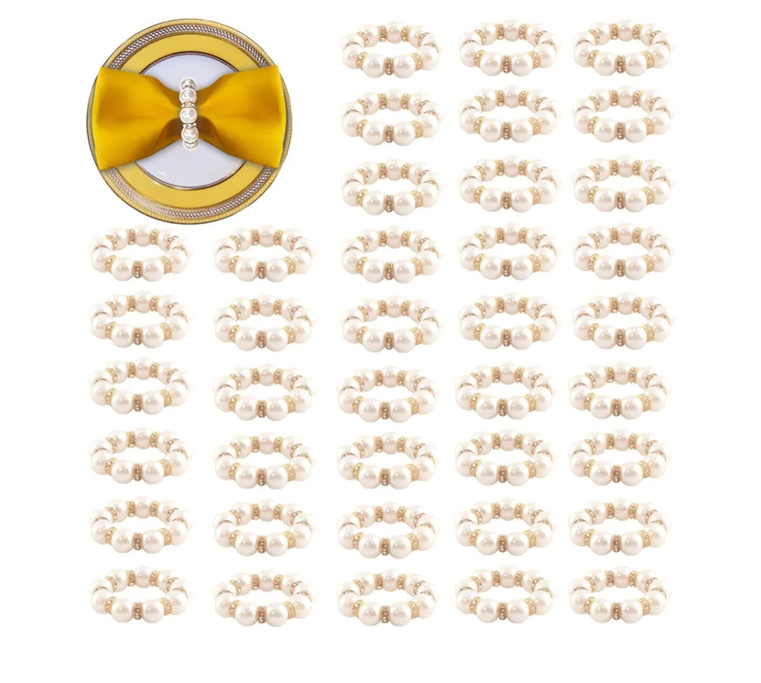 80Pcs Gold Pearl Napkin Rings, Napkin Ring Holder Serviette Buckles Included Storage Bag for Dinners, Home Party, Wedding, Table Decor and Daily Use