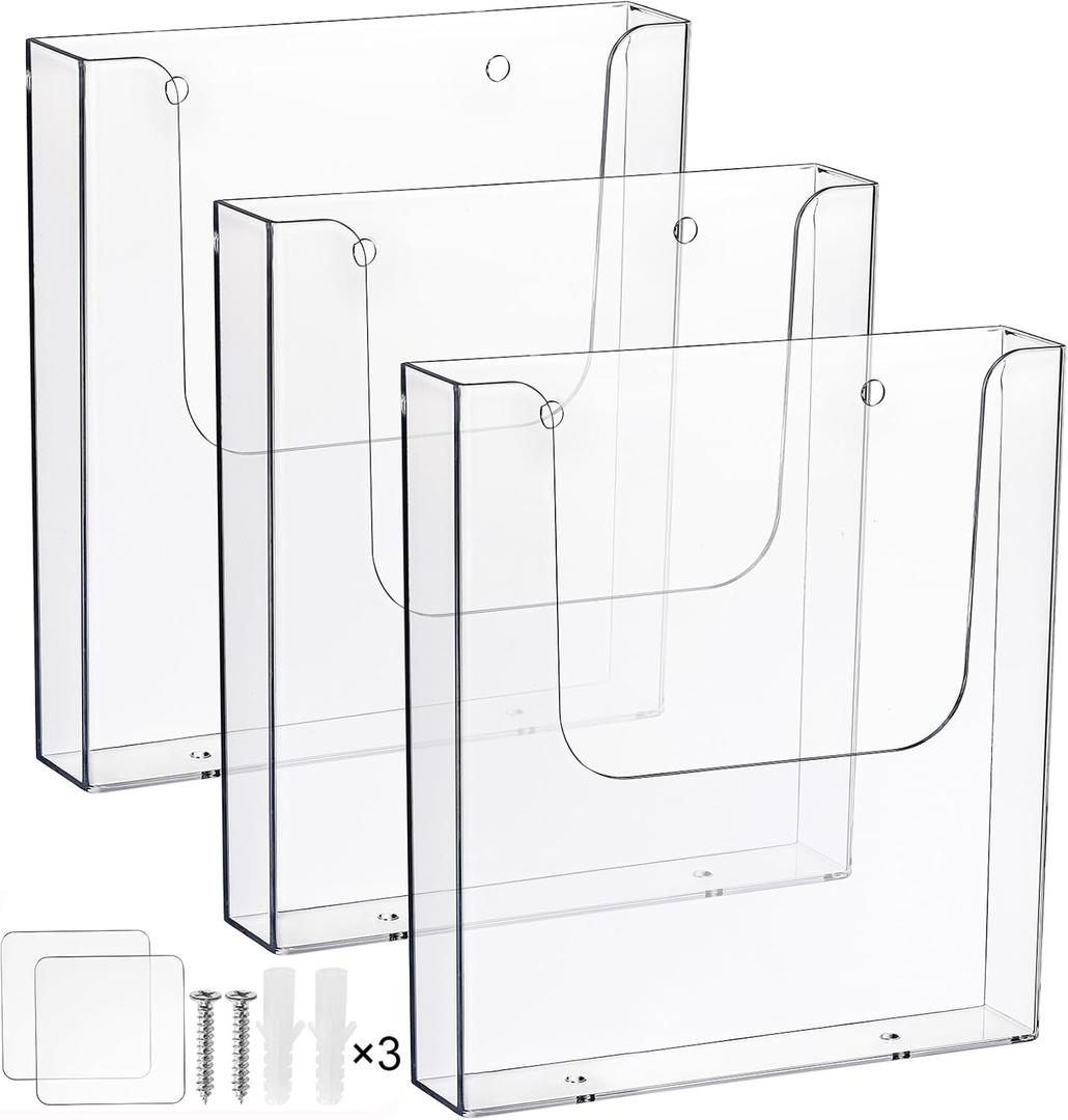 Suwimut 3 Pack Acrylic Brochure Holder, 8.5 x 11 Inch Brochure Holder Wall Mount, Clear Literature Organizer Pamphlet Flyer Display Plastic Magazine Holders for Wall