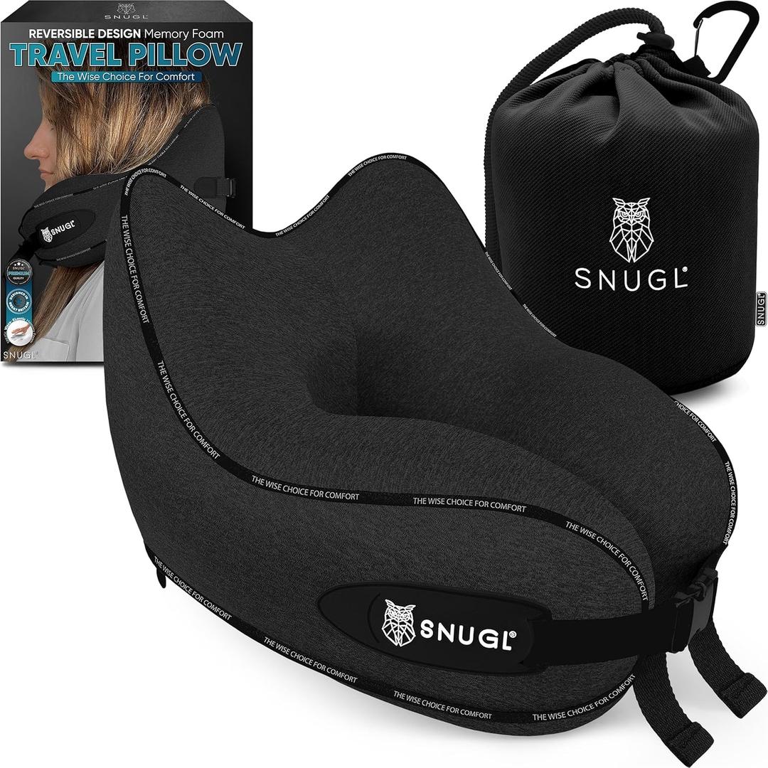 SNUGL Neck Travel Pillow - Memory Foam Airplane Pillow - Flight Pillow | Neck Support Travel Pillow with Carry Bag & Clip | Neck Pillows for Sleeping Travel Plane | Flying Travel Essentials - Black (Adult Small)