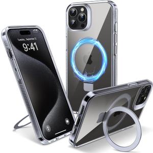 Magnetic Case for iPhone 15 Pro Max - [Built-in Invisible Stand] [Compatible with MagSafe] [Military Grade Drop Protection] Anti-Yellowing Hard Back Silicone Edge Cover, 6.7", Clear